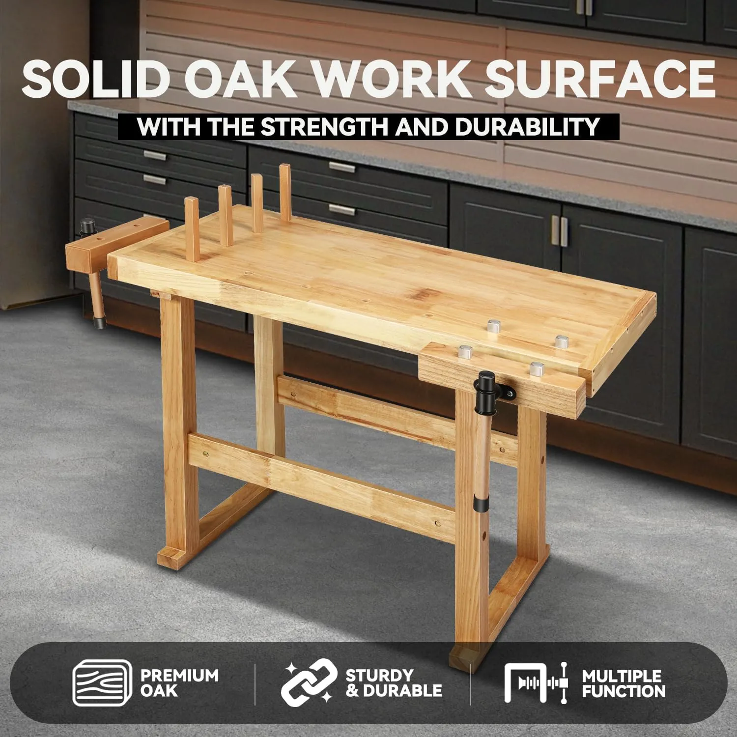 Auto Dynasty Workbench Rubber Wooden Work Bench with Open Space and Adjustable Rotating Handles Hardwood Workbench for Garage, Workshop, Home and Office, 44'' x 24.4'' x 29.5''