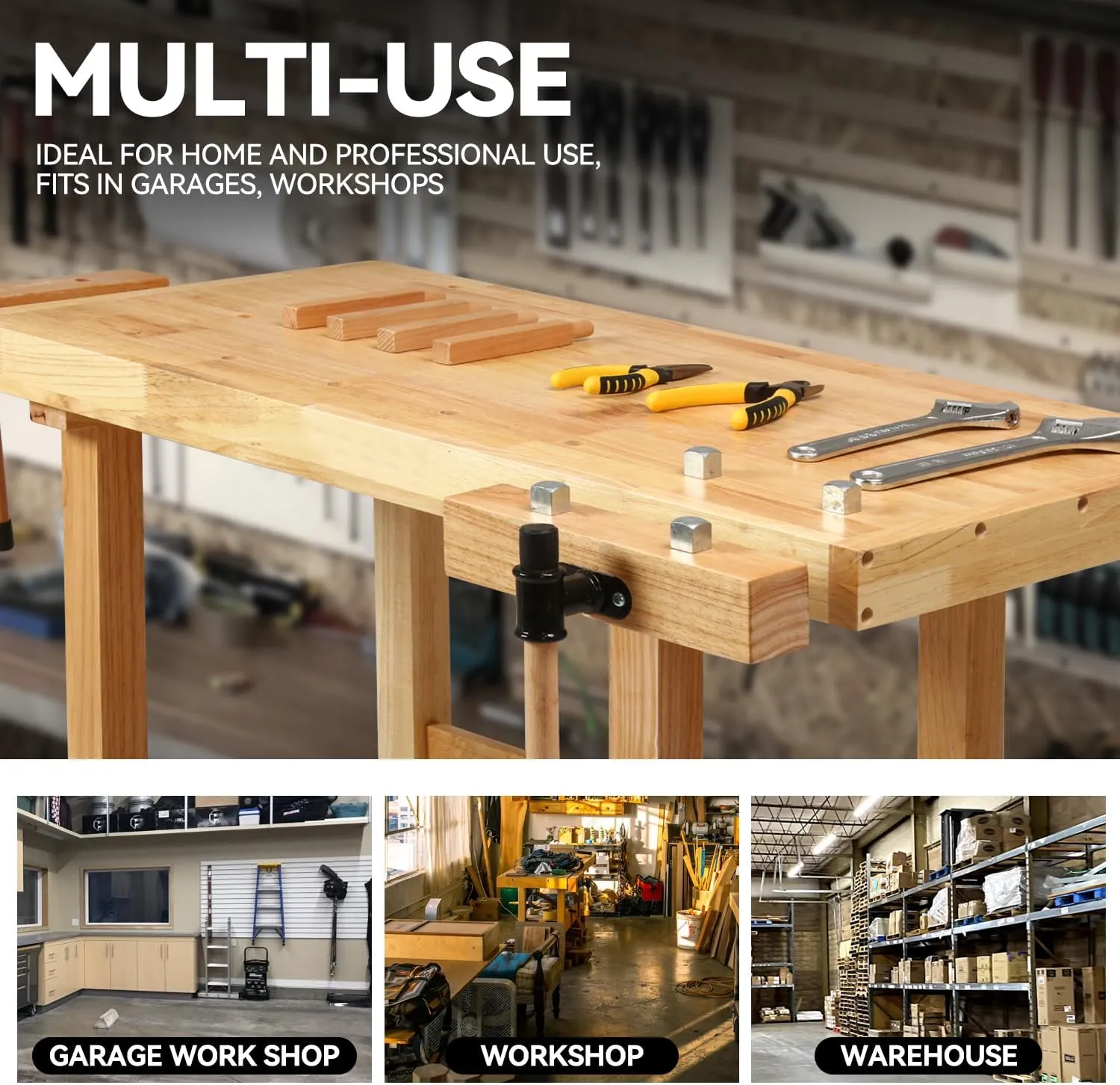 Auto Dynasty Workbench Rubber Wooden Work Bench with Open Space and Adjustable Rotating Handles Hardwood Workbench for Garage, Workshop, Home and Office, 44'' x 24.4'' x 29.5''