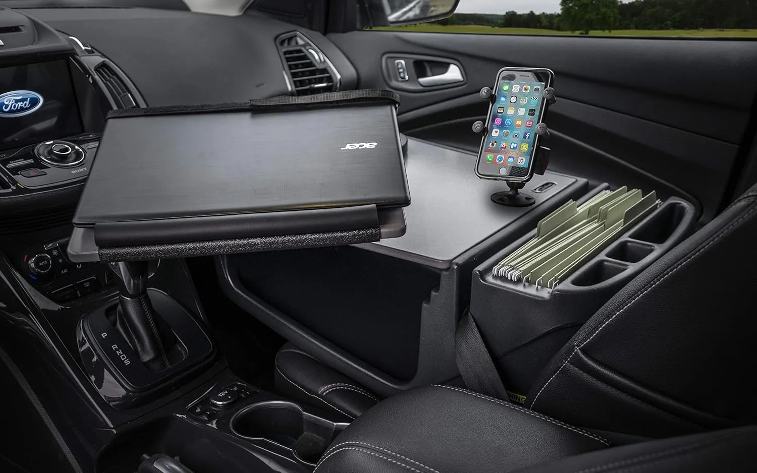 AutoExec AUE10010 Reach Front Seat Car Desk Grey Finish with Phone Mount