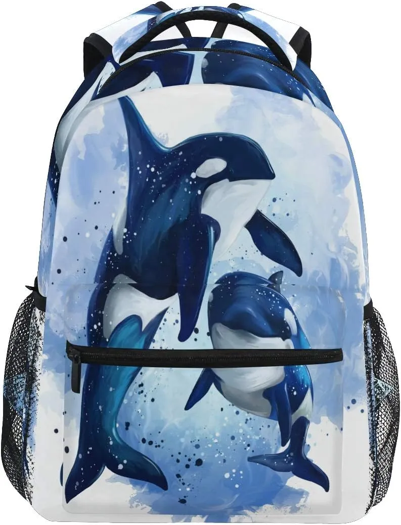 AUUXVA Kids Backpack Killer Whale School Shoulder Bag Ocean Watercolor Large Waterproof Durable Bookbag Laptop Daypack for Students Teens Girls Boys Elementary