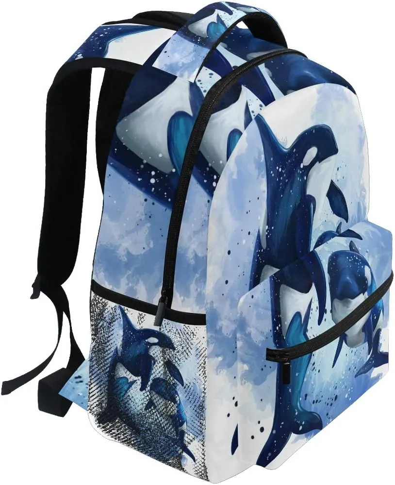 AUUXVA Kids Backpack Killer Whale School Shoulder Bag Ocean Watercolor Large Waterproof Durable Bookbag Laptop Daypack for Students Teens Girls Boys Elementary