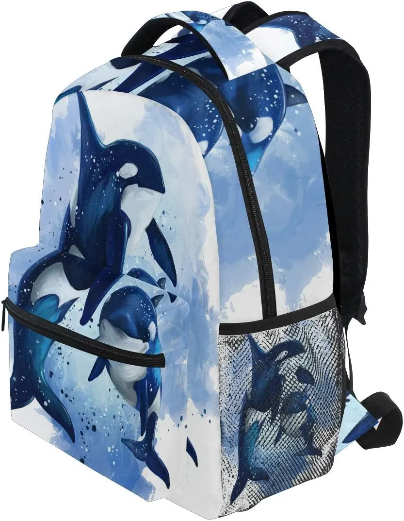 AUUXVA Kids Backpack Killer Whale School Shoulder Bag Ocean Watercolor Large Waterproof Durable Bookbag Laptop Daypack for Students Teens Girls Boys Elementary