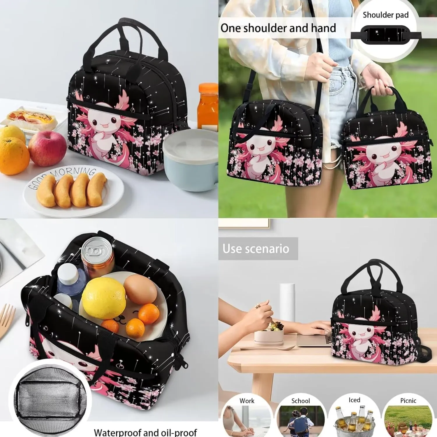 Axolotl Backpack Set for Girls Ages 6-8 Cute Bookbag for Teen Girls Aesthetic Back to School Backpack Kids Pink Floral 3 Pcs School Bag Set