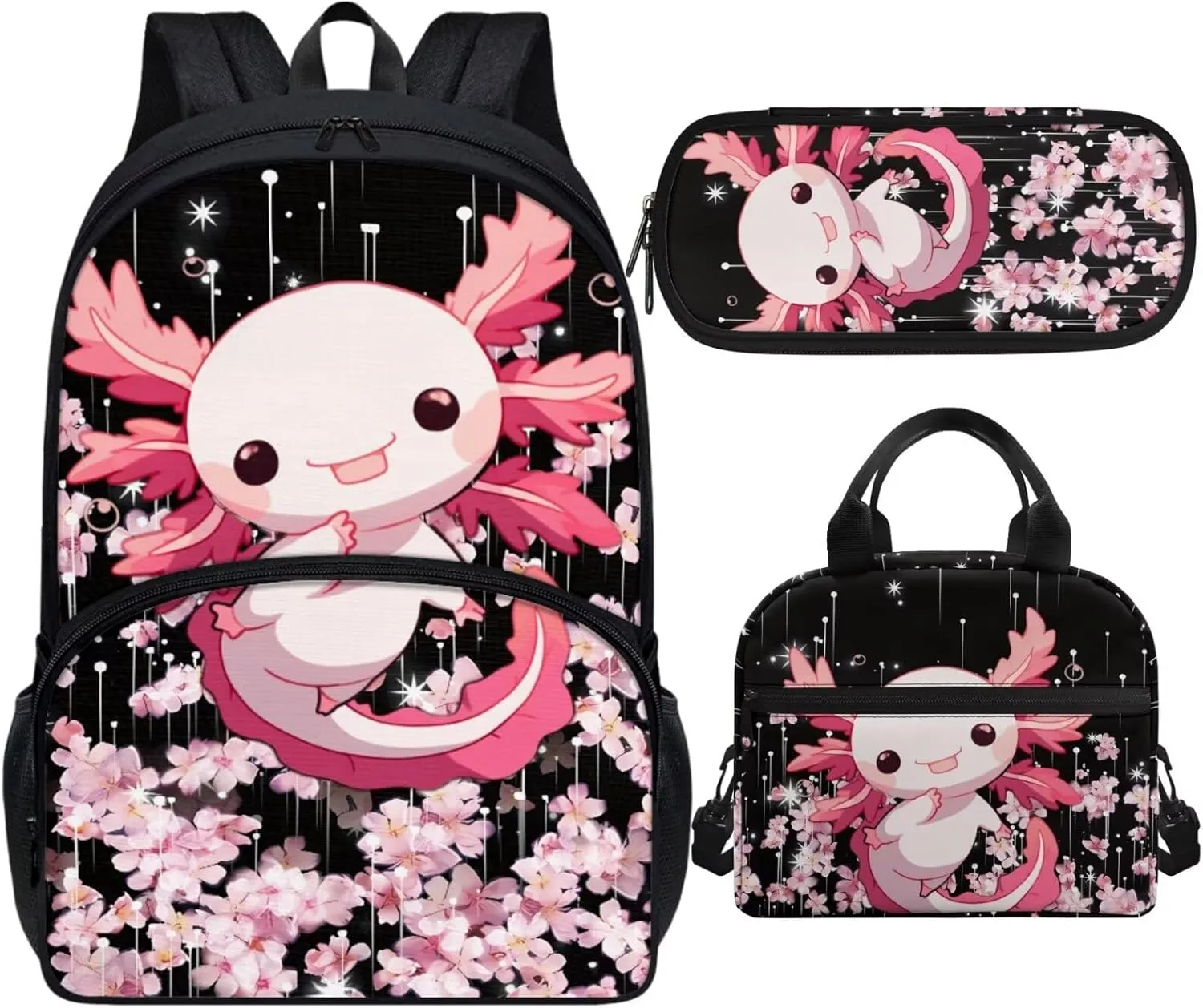 Axolotl Backpack Set for Girls Ages 6-8 Cute Bookbag for Teen Girls Aesthetic Back to School Backpack Kids Pink Floral 3 Pcs School Bag Set