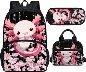 Axolotl Backpack Set for Girls Ages 6-8 Cute Bookbag for Teen Girls Aesthetic Back to School Backpack Kids Pink Floral 3 Pcs School Bag Set