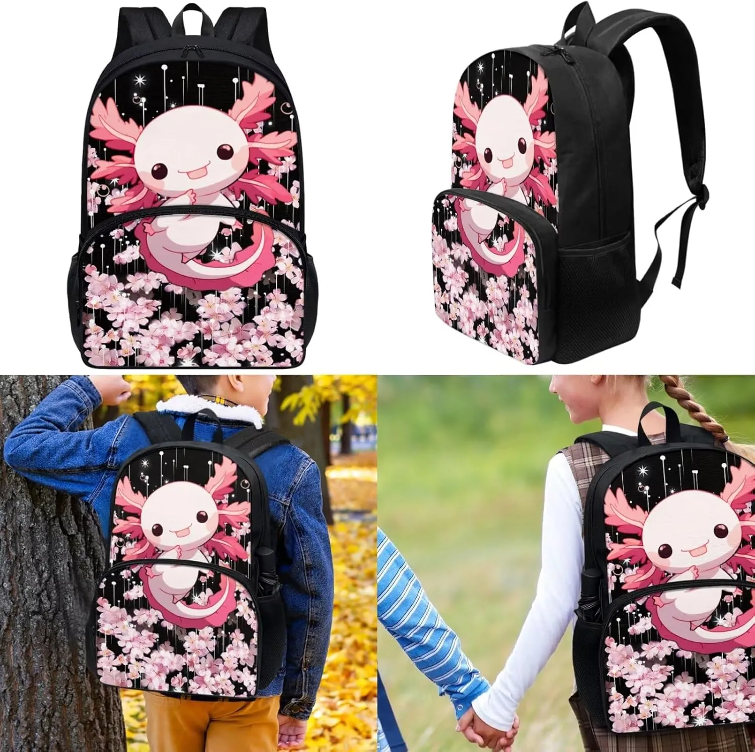 Axolotl Backpack Set for Girls Ages 6-8 Cute Bookbag for Teen Girls Aesthetic Back to School Backpack Kids Pink Floral 3 Pcs School Bag Set