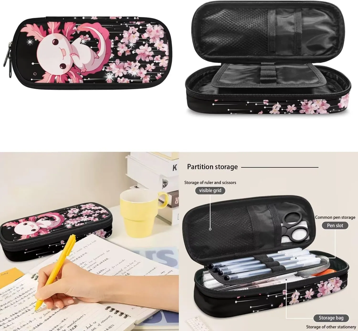 Axolotl Backpack Set for Girls Ages 6-8 Cute Bookbag for Teen Girls Aesthetic Back to School Backpack Kids Pink Floral 3 Pcs School Bag Set