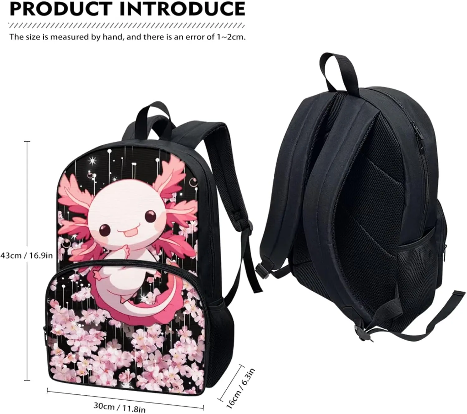 Axolotl Backpack Set for Girls Ages 6-8 Cute Bookbag for Teen Girls Aesthetic Back to School Backpack Kids Pink Floral 3 Pcs School Bag Set