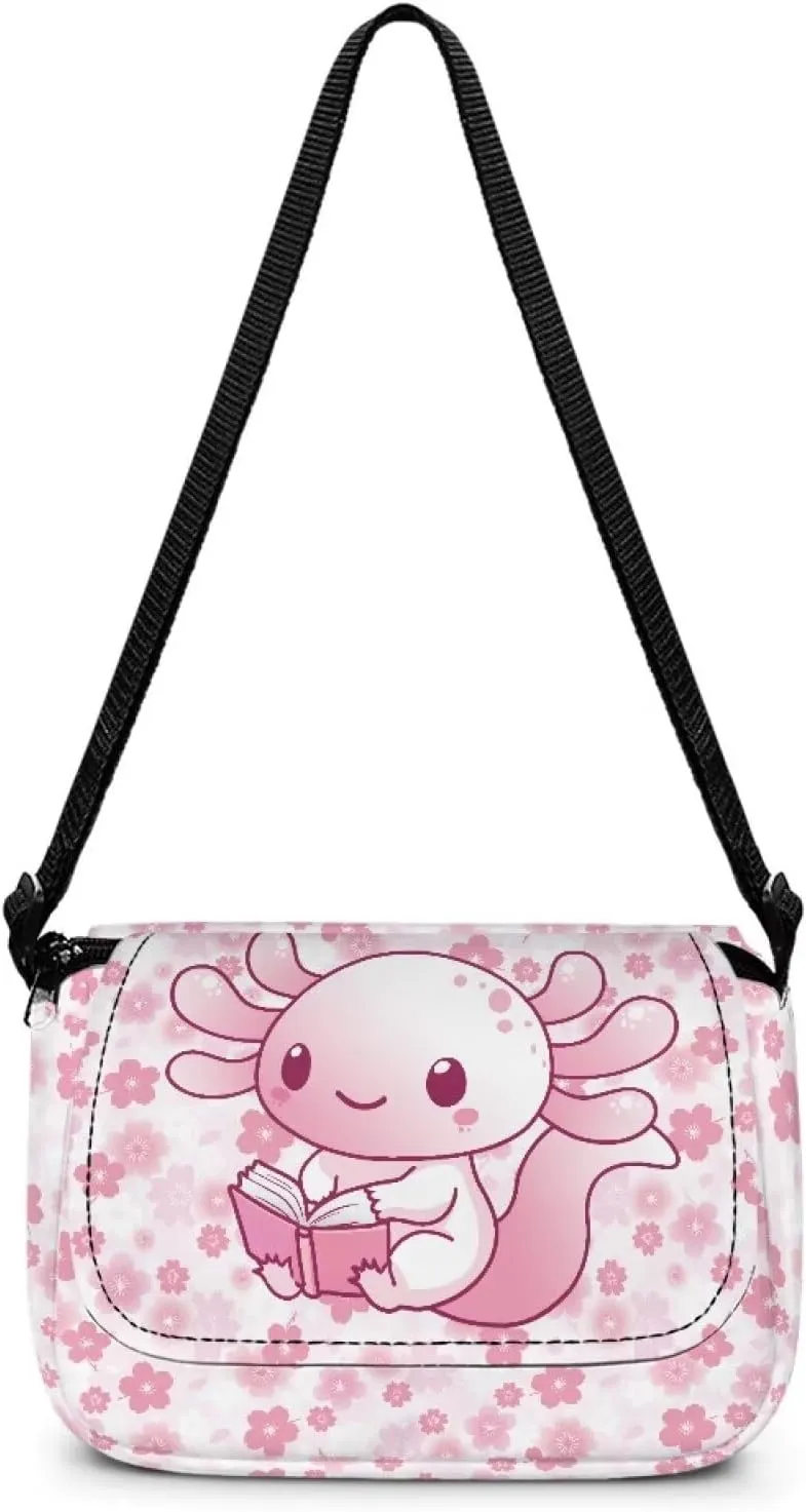 Axolotl Flower Crossbody Bags for Girls Cute Satchel Style Handbags for Toddler Girls Lightweight Cellphone Pouch with Zipper Pockets for Outdoor