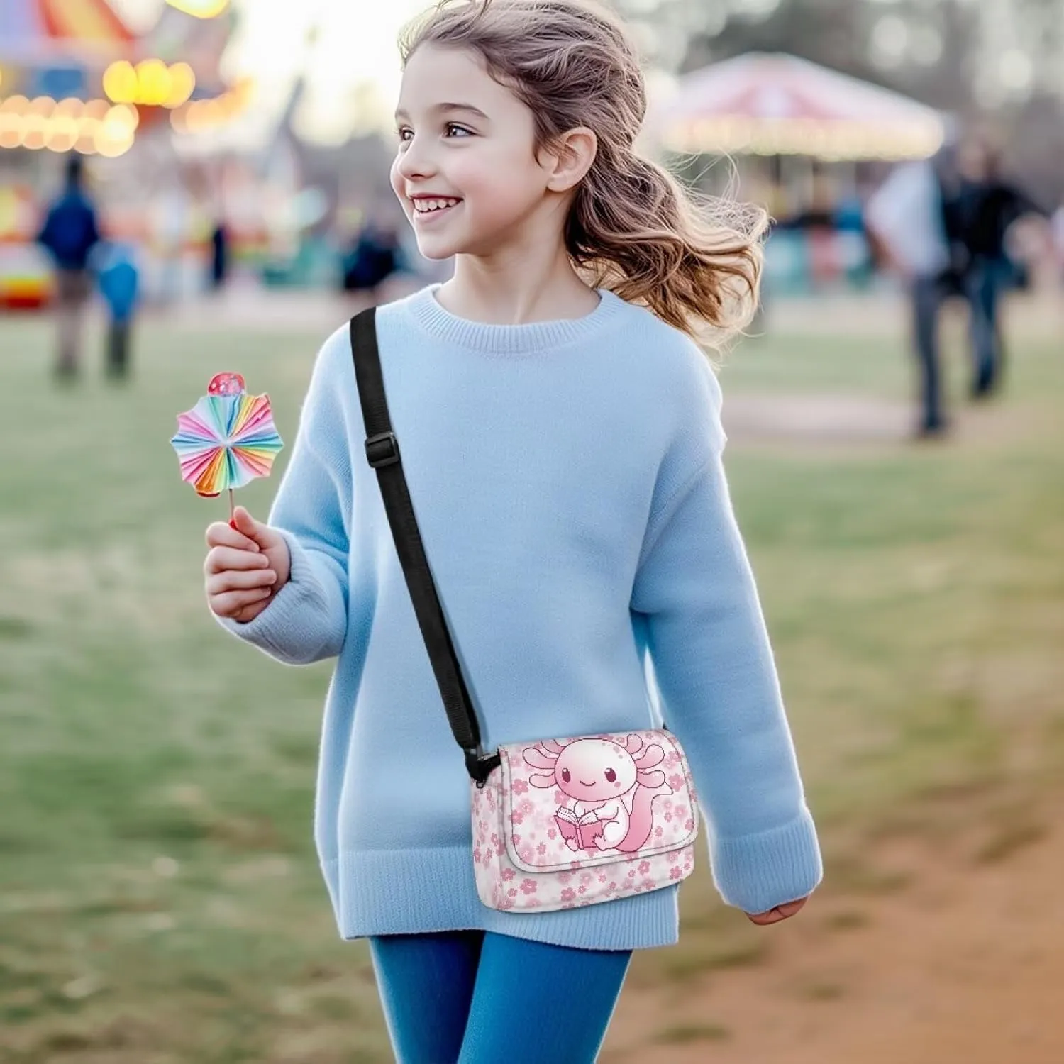Axolotl Flower Crossbody Bags for Girls Cute Satchel Style Handbags for Toddler Girls Lightweight Cellphone Pouch with Zipper Pockets for Outdoor