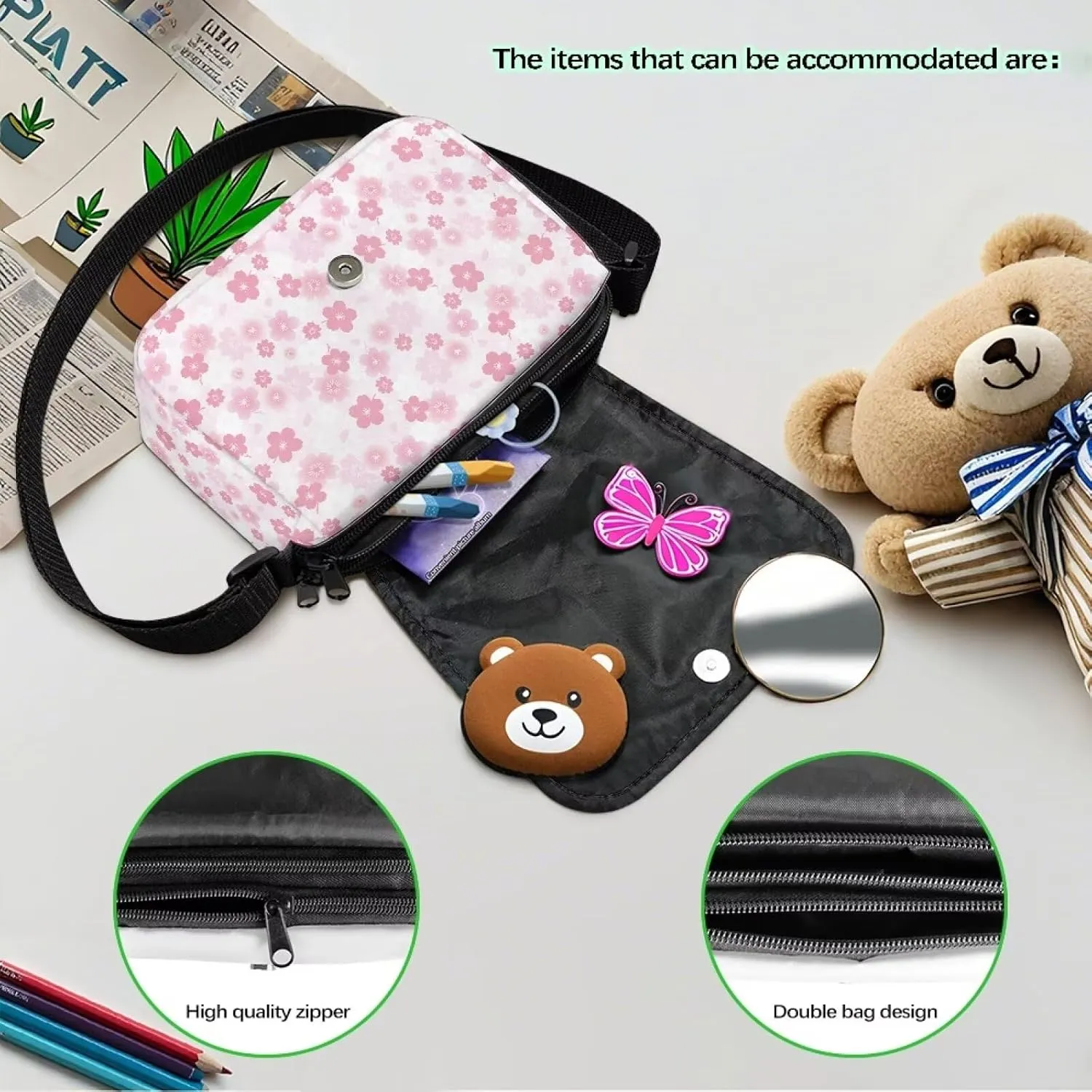 Axolotl Flower Crossbody Bags for Girls Cute Satchel Style Handbags for Toddler Girls Lightweight Cellphone Pouch with Zipper Pockets for Outdoor