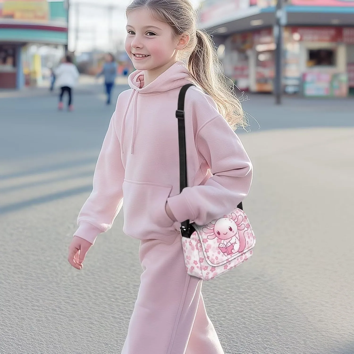 Axolotl Flower Crossbody Bags for Girls Cute Satchel Style Handbags for Toddler Girls Lightweight Cellphone Pouch with Zipper Pockets for Outdoor
