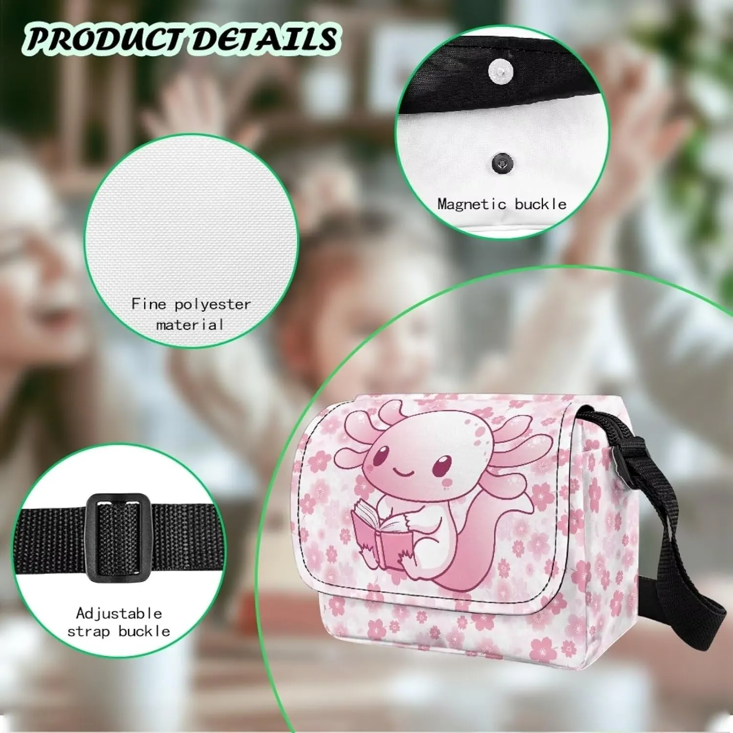 Axolotl Flower Crossbody Bags for Girls Cute Satchel Style Handbags for Toddler Girls Lightweight Cellphone Pouch with Zipper Pockets for Outdoor
