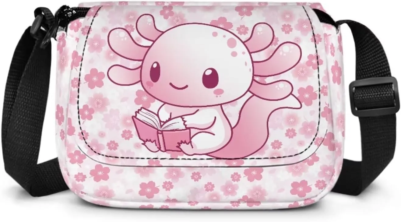 Axolotl Flower Crossbody Bags for Girls Cute Satchel Style Handbags for Toddler Girls Lightweight Cellphone Pouch with Zipper Pockets for Outdoor