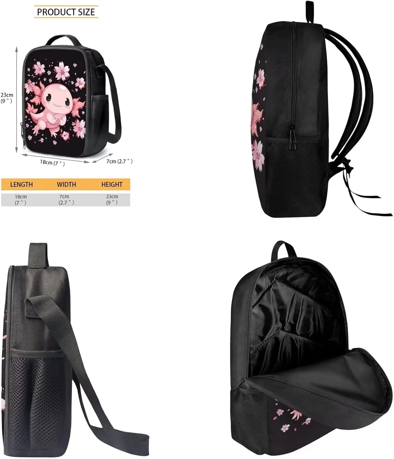 Axolotl Printed School Bag Set for Boys, Cherry Blossom Backpack Set with Lunch Bag Pen Case, Casual School Bookbag Lightweight Knapsack for Teenage Girls Daypack, Pink