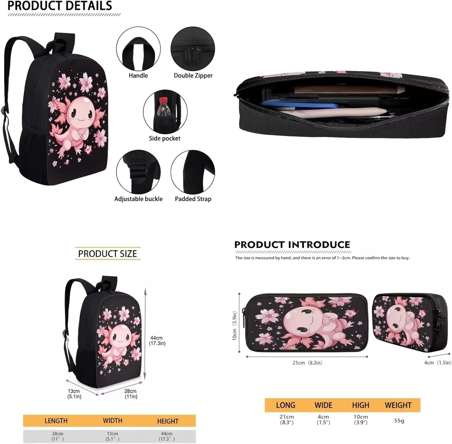 Axolotl Printed School Bag Set for Boys, Cherry Blossom Backpack Set with Lunch Bag Pen Case, Casual School Bookbag Lightweight Knapsack for Teenage Girls Daypack, Pink