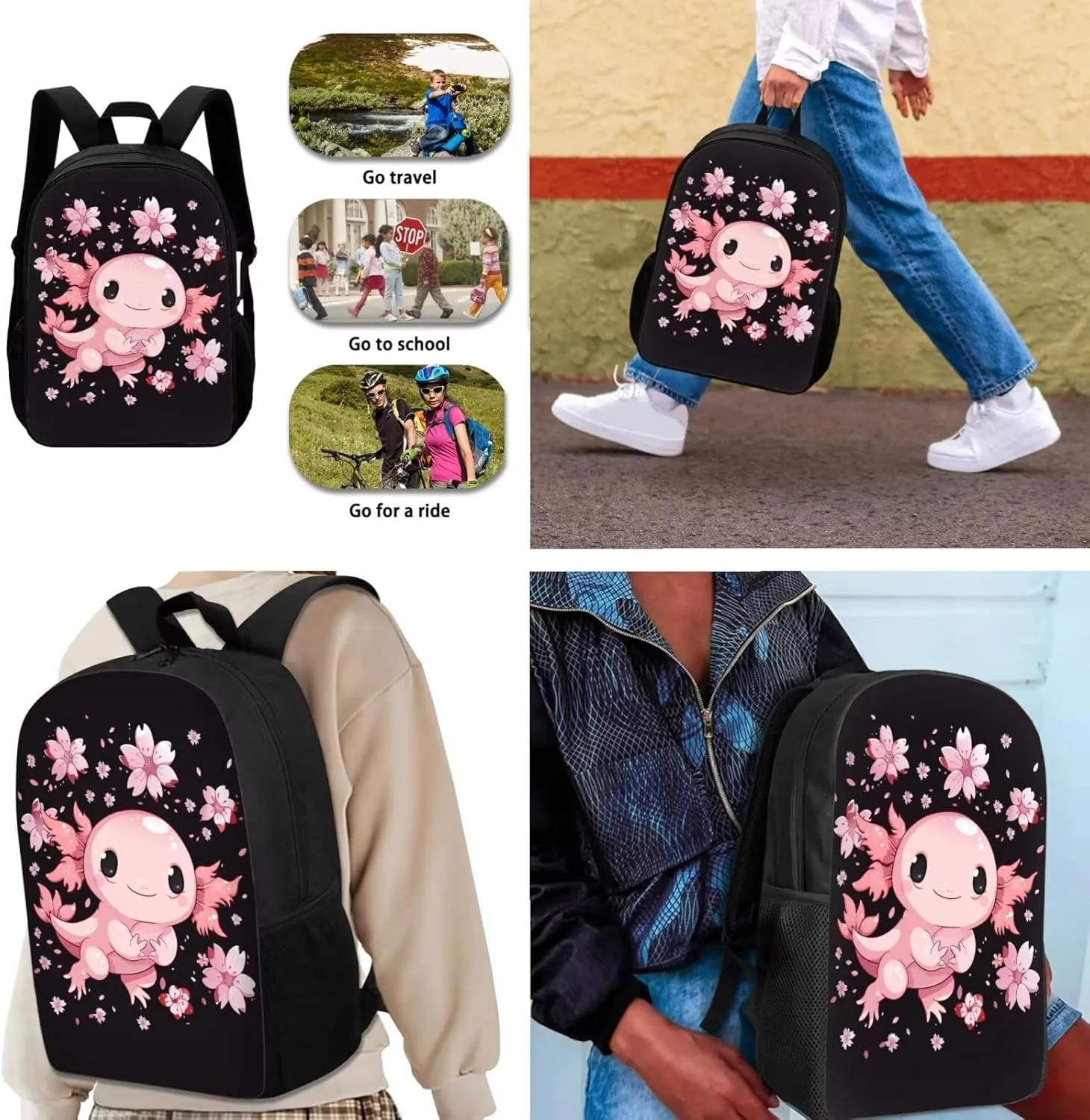 Axolotl Printed School Bag Set for Boys, Cherry Blossom Backpack Set with Lunch Bag Pen Case, Casual School Bookbag Lightweight Knapsack for Teenage Girls Daypack, Pink