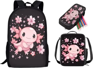 Axolotl Printed School Bag Set for Boys, Cherry Blossom Backpack Set with Lunch Bag Pen Case, Casual School Bookbag Lightweight Knapsack for Teenage Girls Daypack, Pink