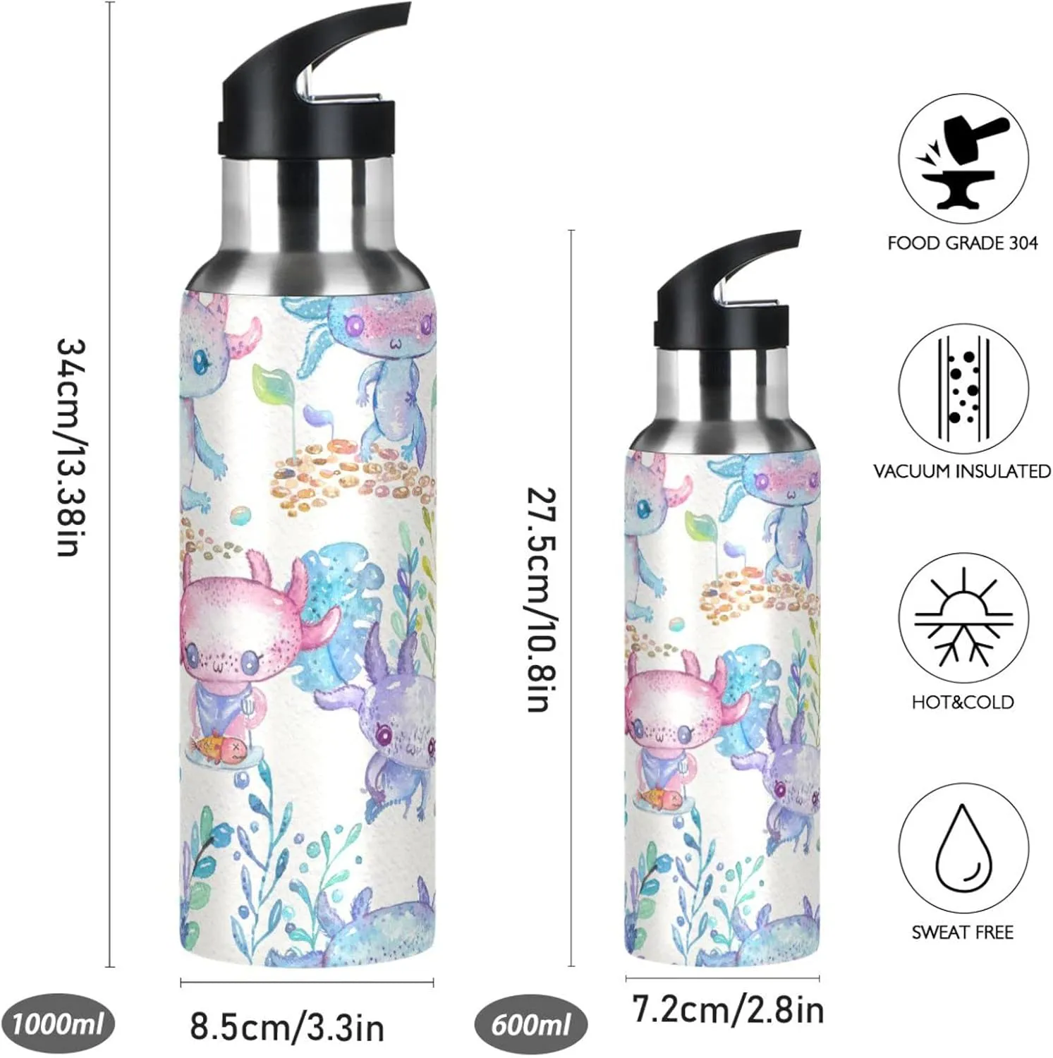 Axolotl Sports Water Bottle, Double Wall Vacuum Insulated Stainless Steel Water Bottle with Straw Keeps Hot and Cold, Bike Running Sports Travel Gym 20oz