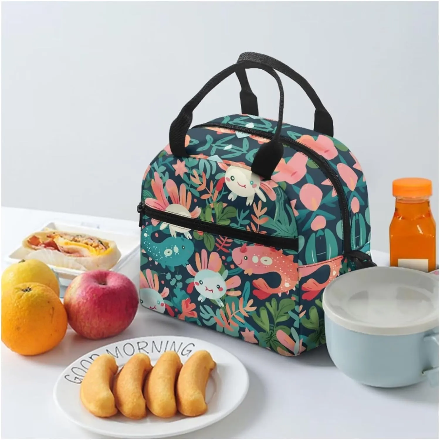 Axolots Print 3Pc Backpack Set for Girls Multi-Functional Adjustable Straps Crossbody School Bag Grease Proofing Recycle Food Bag for Travel Work Office Climbing School