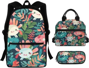 Axolots Print 3Pc Backpack Set for Girls Multi-Functional Adjustable Straps Crossbody School Bag Grease Proofing Recycle Food Bag for Travel Work Office Climbing School