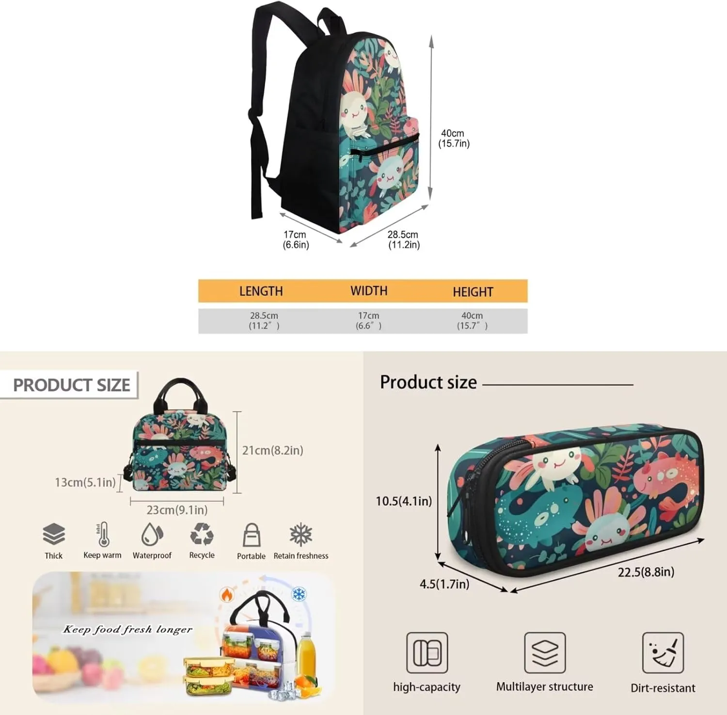 Axolots Print 3Pc Backpack Set for Girls Multi-Functional Adjustable Straps Crossbody School Bag Grease Proofing Recycle Food Bag for Travel Work Office Climbing School