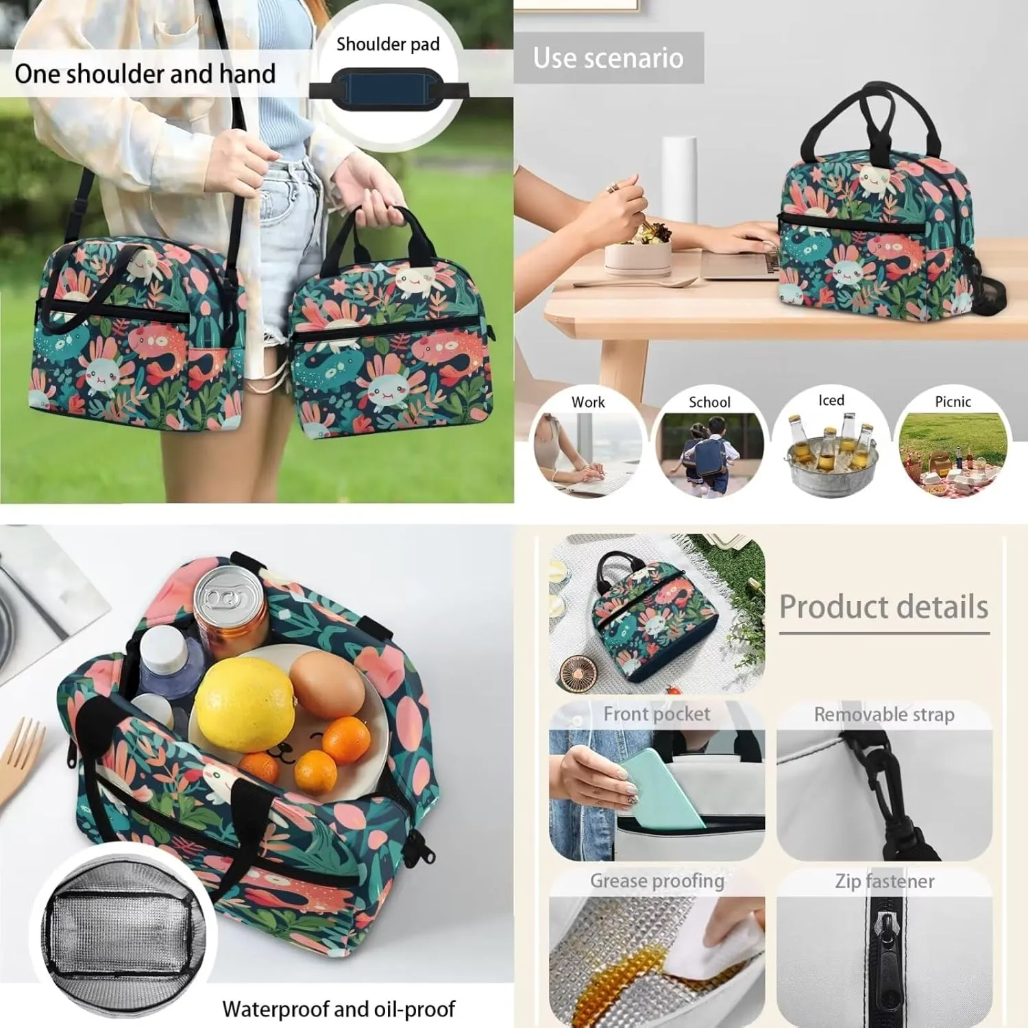 Axolots Print 3Pc Backpack Set for Girls Multi-Functional Adjustable Straps Crossbody School Bag Grease Proofing Recycle Food Bag for Travel Work Office Climbing School