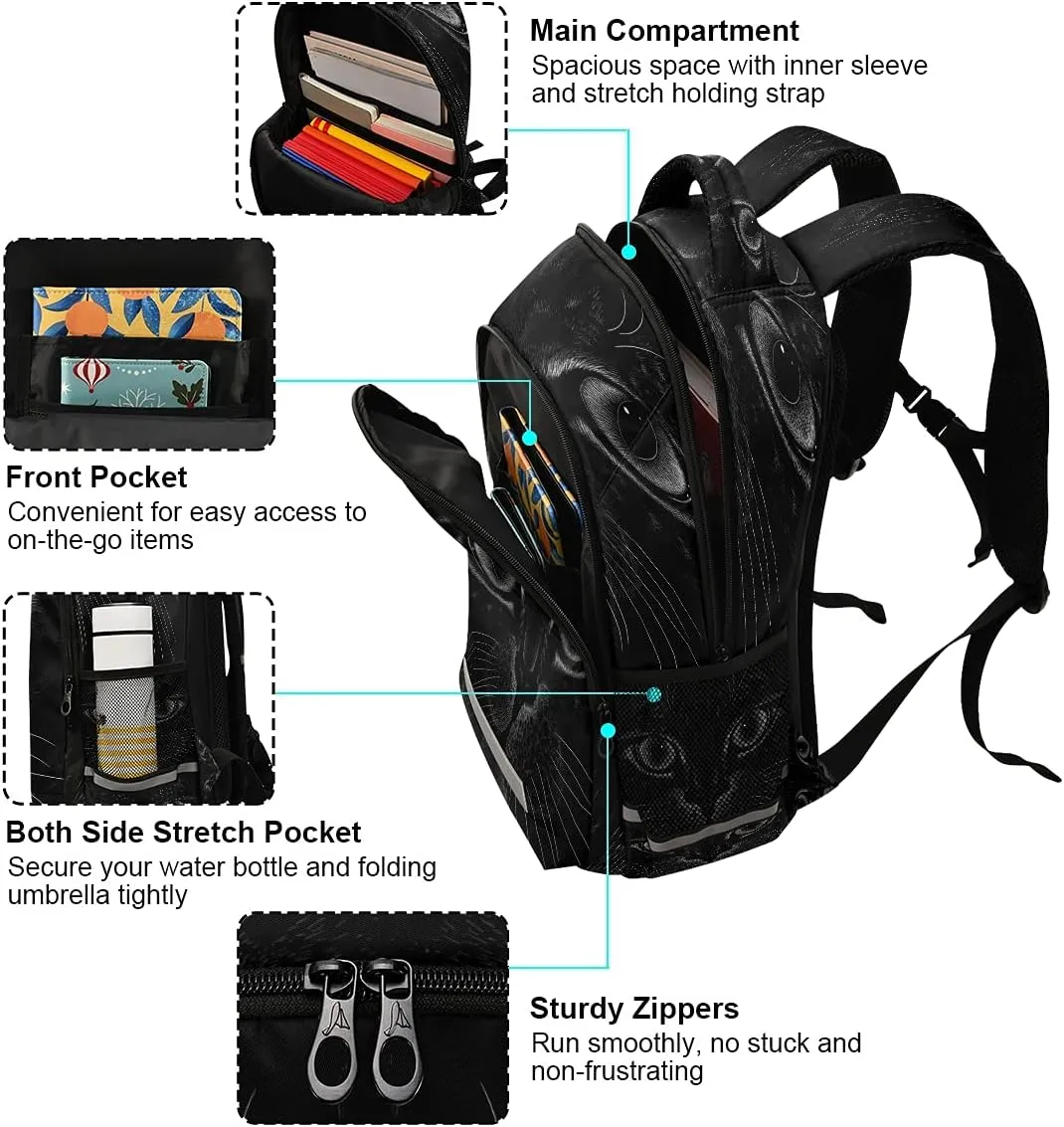 Backpack Bookbag Black Cat School Bag Travel Bag for Girls Boys Teen