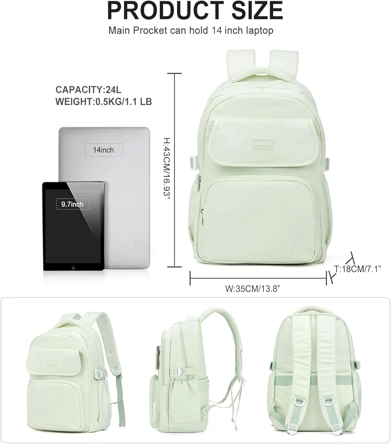 Backpack For College Students Women Men,Cute High School Bag,Lightweight Bookbag Casual Daypack Travel Backpacks,Aesthetic School Backpack For Teens Boys Girls(Mint Green)