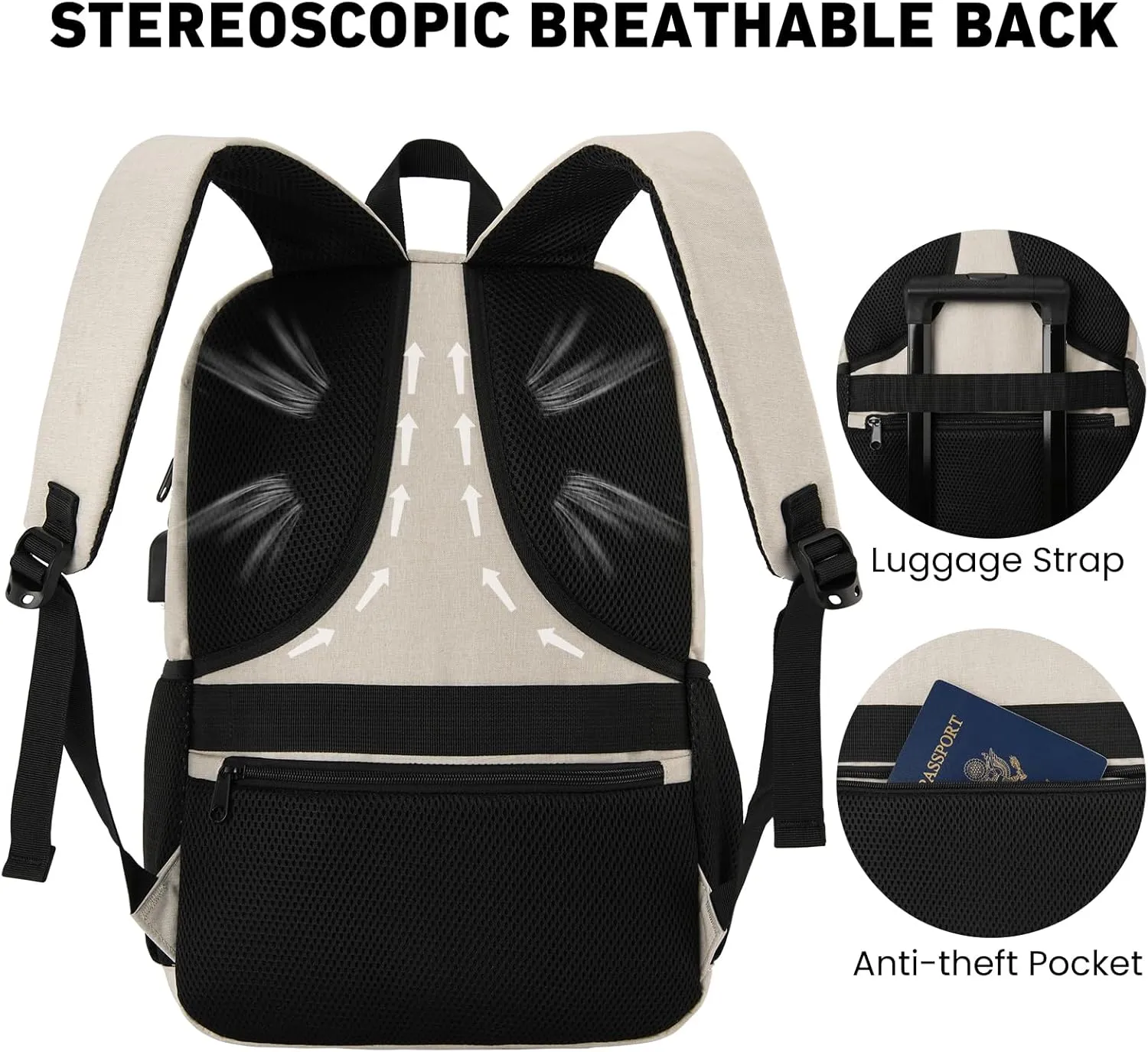 Backpack for Men and Women, School Backpacks for Teens Boys, 15.6 Inch Laptop Bookbag Classic Computer Bag with 2 Compartment & USB Charger Port for College Work Travel Business (Beige)