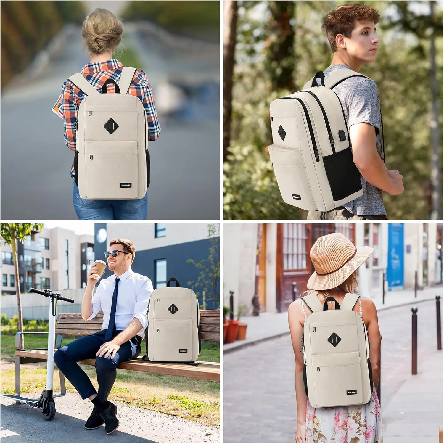 Backpack for Men and Women, School Backpacks for Teens Boys, 15.6 Inch Laptop Bookbag Classic Computer Bag with 2 Compartment & USB Charger Port for College Work Travel Business (Beige)