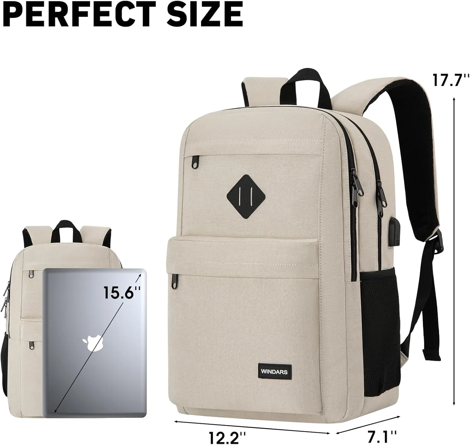 Backpack for Men and Women, School Backpacks for Teens Boys, 15.6 Inch Laptop Bookbag Classic Computer Bag with 2 Compartment & USB Charger Port for College Work Travel Business (Beige)