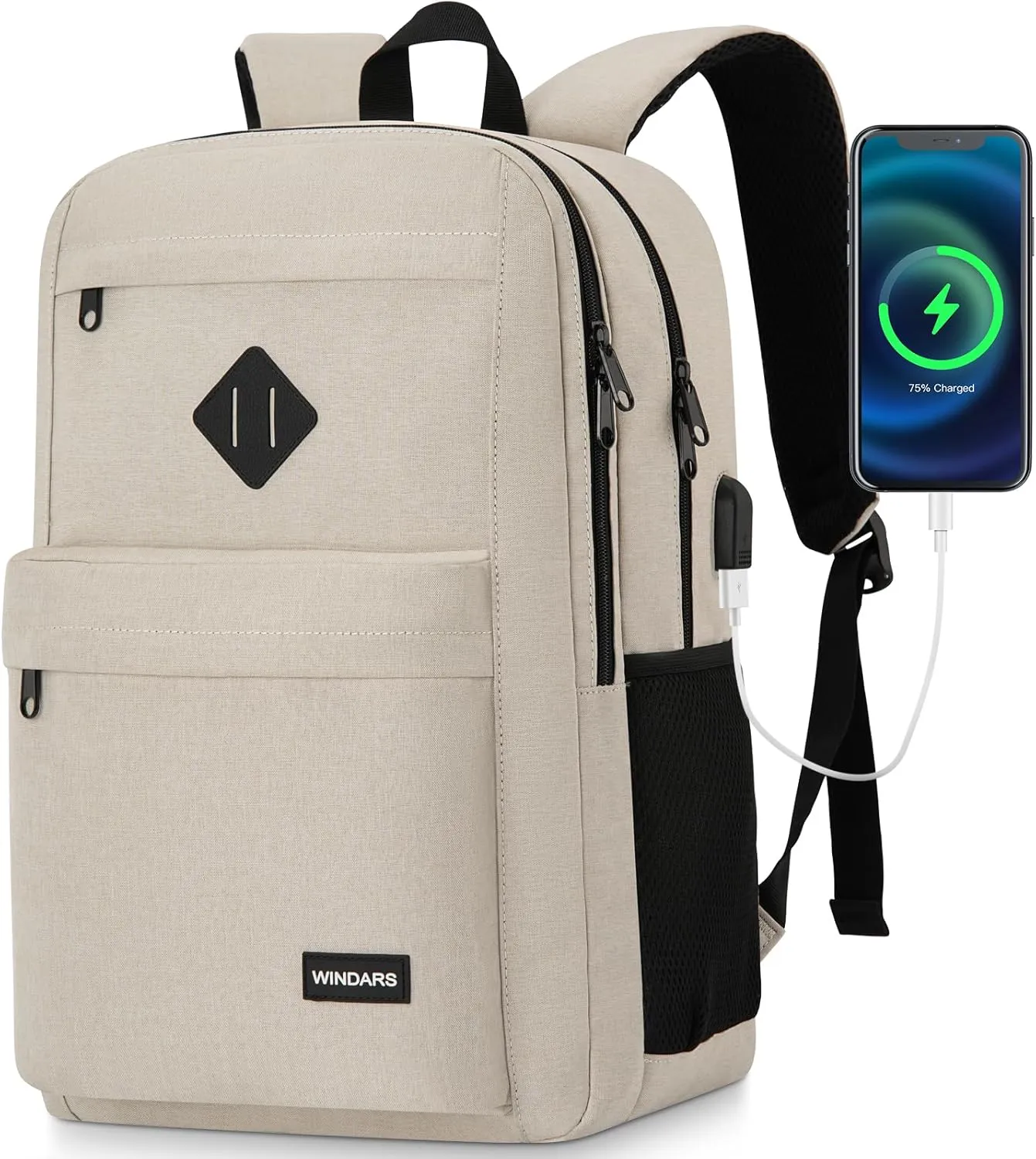 Backpack for Men and Women, School Backpacks for Teens Boys, 15.6 Inch Laptop Bookbag Classic Computer Bag with 2 Compartment & USB Charger Port for College Work Travel Business (Beige)