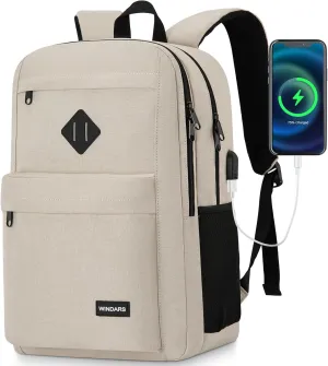 Backpack for Men and Women, School Backpacks for Teens Boys, 15.6 Inch Laptop Bookbag Classic Computer Bag with 2 Compartment & USB Charger Port for College Work Travel Business (Beige)