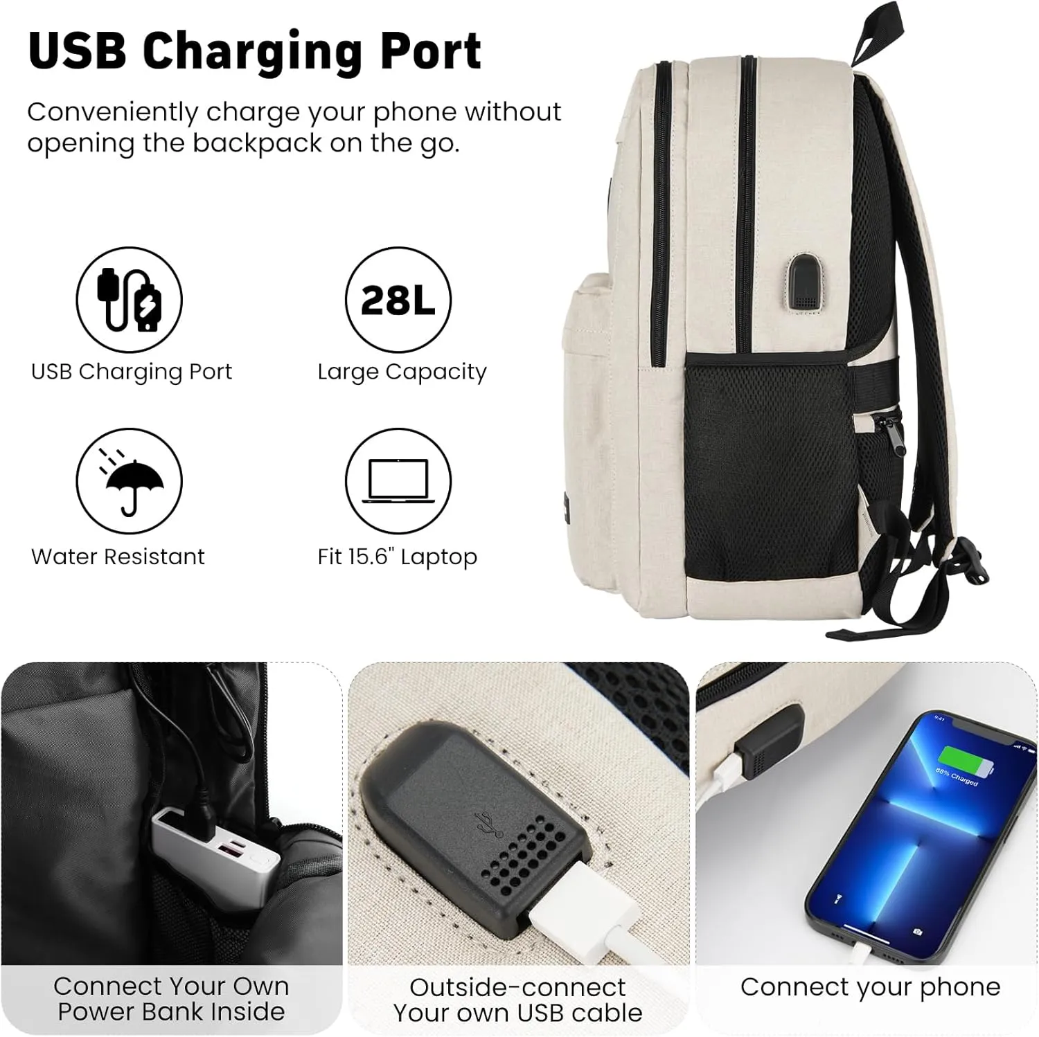 Backpack for Men and Women, School Backpacks for Teens Boys, 15.6 Inch Laptop Bookbag Classic Computer Bag with 2 Compartment & USB Charger Port for College Work Travel Business (Beige)
