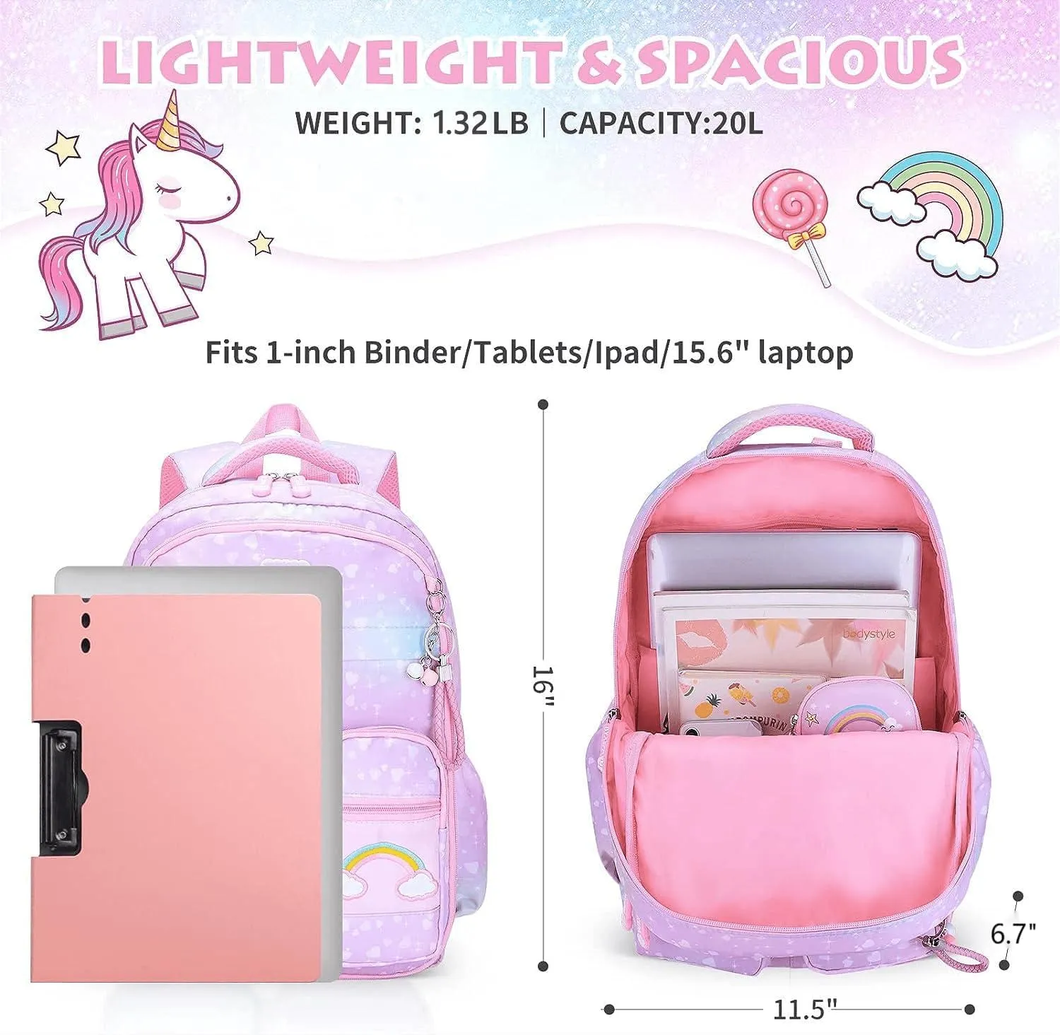 Backpacks for Girls, Kids Backpack School Bookbags with Insulated Lunch Box for School Elementary Girl, School Bag with Laptop Compartments, Galaxy Purple