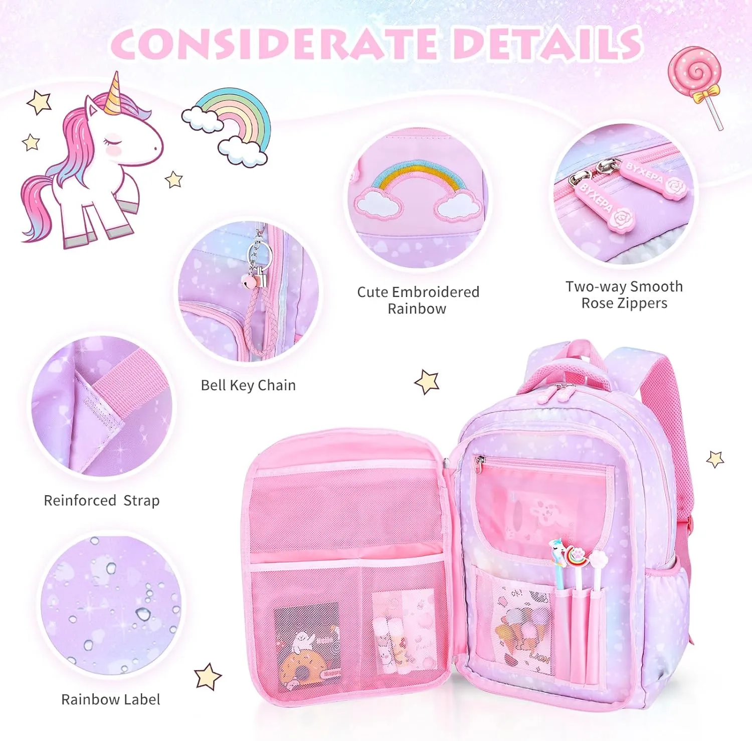 Backpacks for Girls, Kids Backpack School Bookbags with Insulated Lunch Box for School Elementary Girl, School Bag with Laptop Compartments, Galaxy Purple