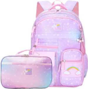 Backpacks for Girls, Kids Backpack School Bookbags with Insulated Lunch Box for School Elementary Girl, School Bag with Laptop Compartments, Galaxy Purple