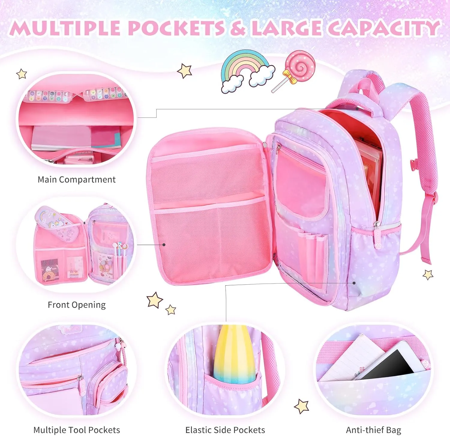 Backpacks for Girls, Kids Backpack School Bookbags with Insulated Lunch Box for School Elementary Girl, School Bag with Laptop Compartments, Galaxy Purple
