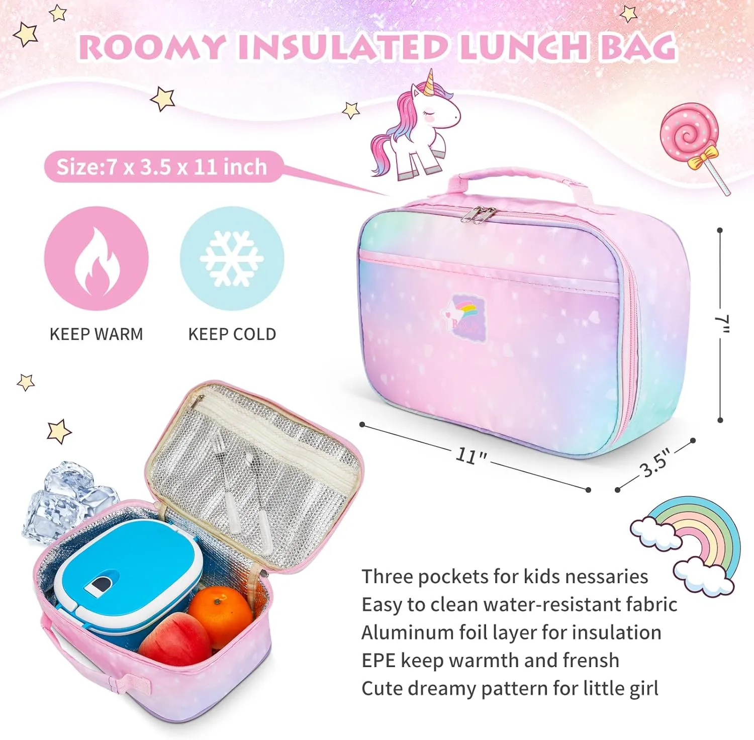 Backpacks for Girls, Kids Backpack School Bookbags with Insulated Lunch Box for School Elementary Girl, School Bag with Laptop Compartments, Galaxy Purple
