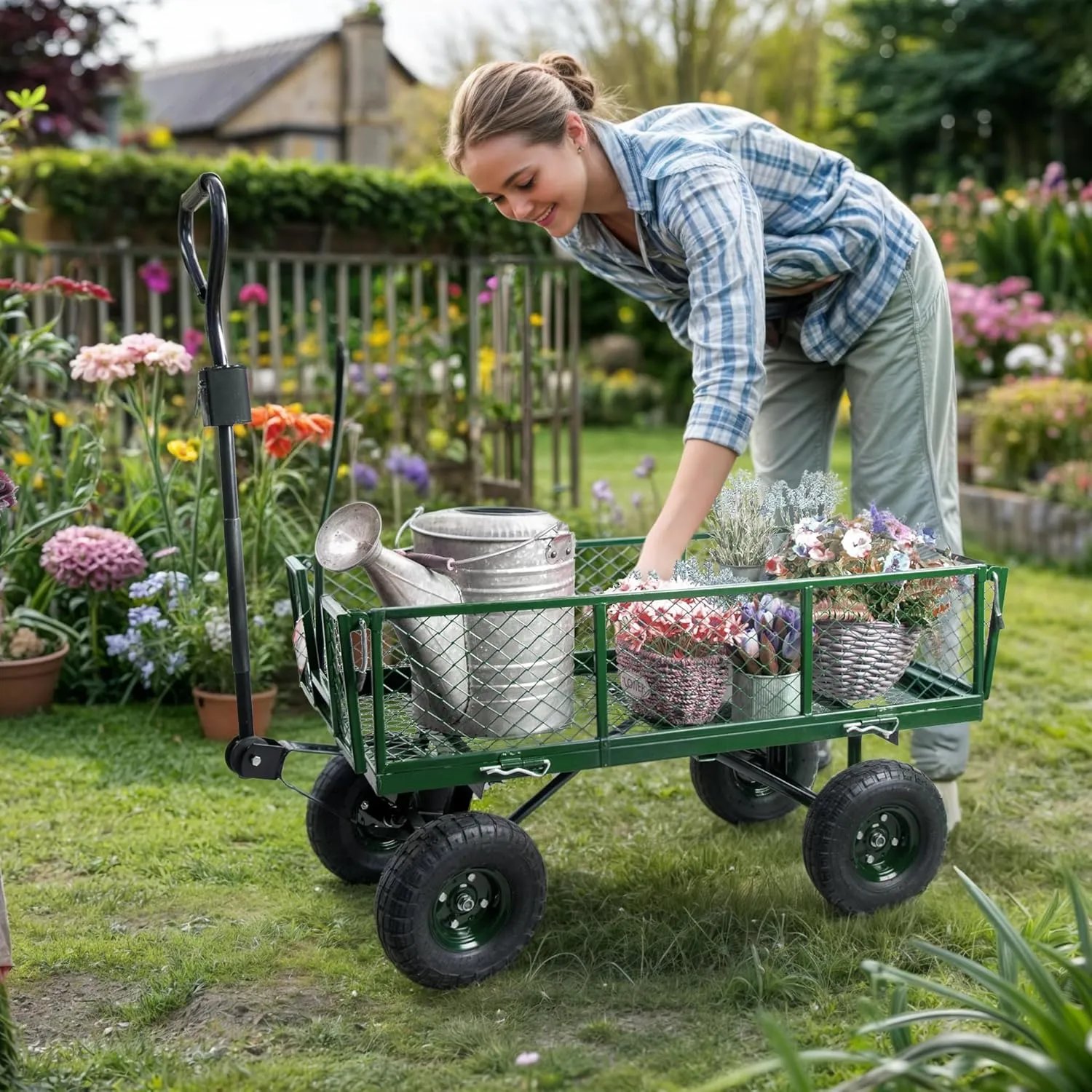 Backyard Expressions Heavy Duty 600 Lbs Capacity Mesh Steel Garden Cart Folding Utility Wagon with Removable Sides and (4) 10 Inch Wheels (Green)