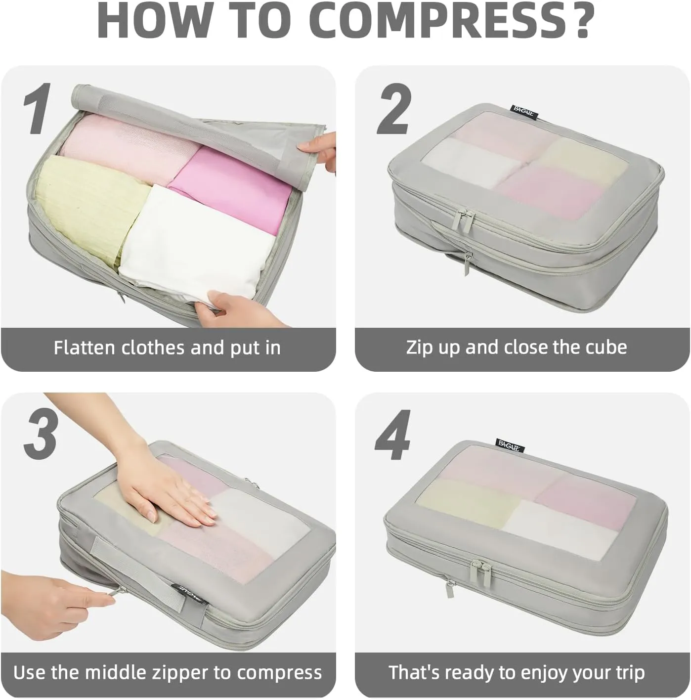 BAGAIL 4 Set/6 Set/8 Set Compression Packing Cubes Travel Accessories Expandable Packing Organizers(Grey SquareMesh 6 Set)
