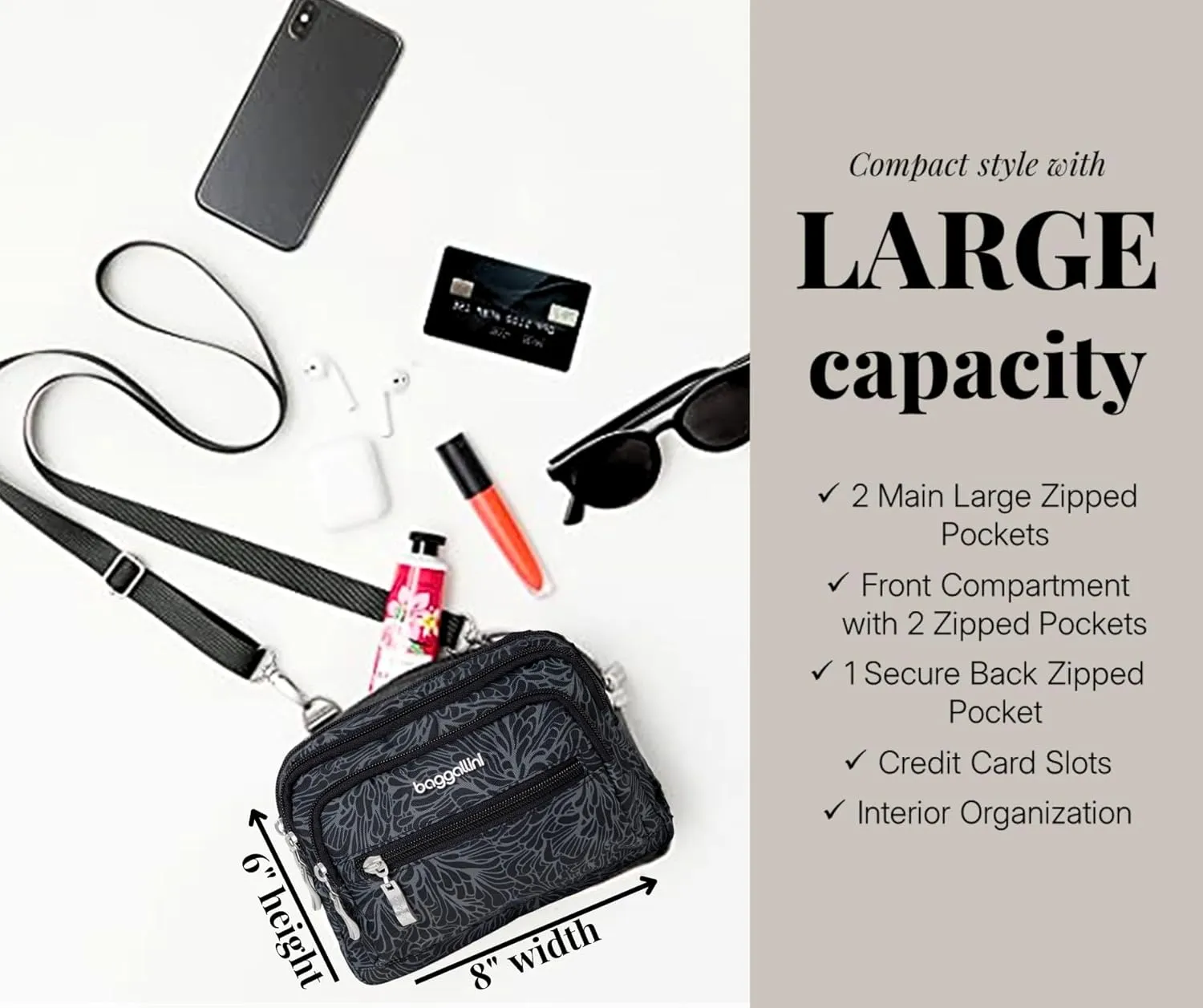Baggallini Triple Zip Small Crossbody Bag for Women