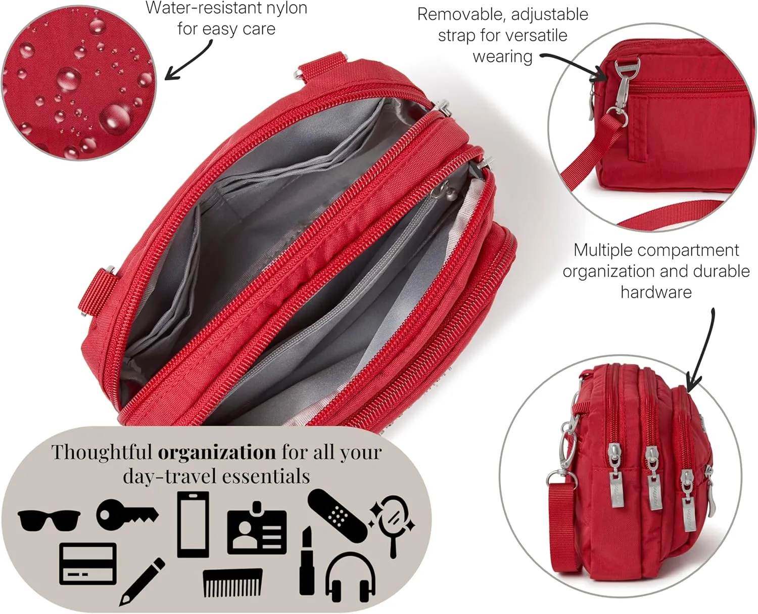 Baggallini Triple Zip Small Crossbody Bag for Women