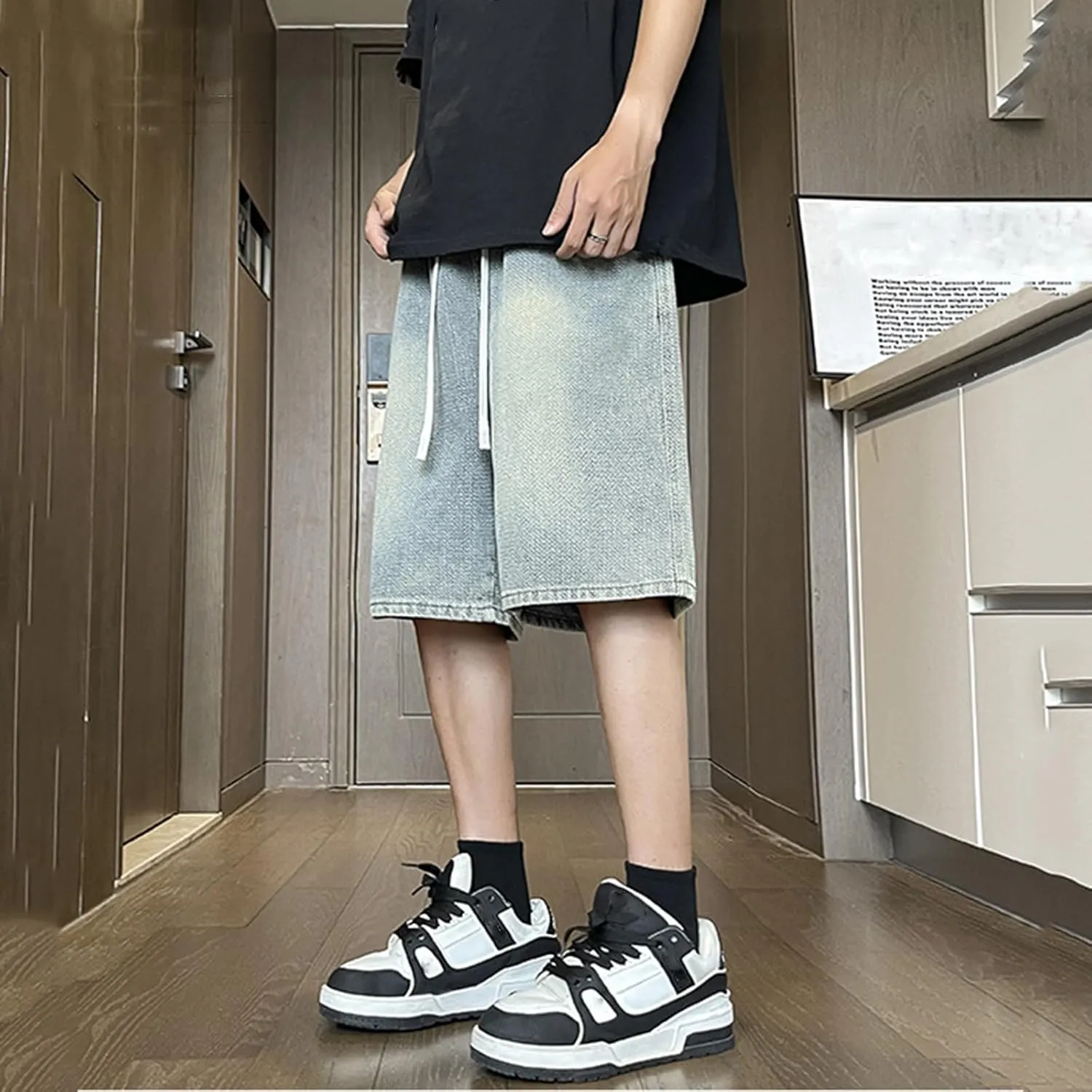 Baggy Jean Shorts for Men Drawstring Elastic Waist Loose Fit Straight Leg Denim Shorts Skater Beach Bermuda Jorts