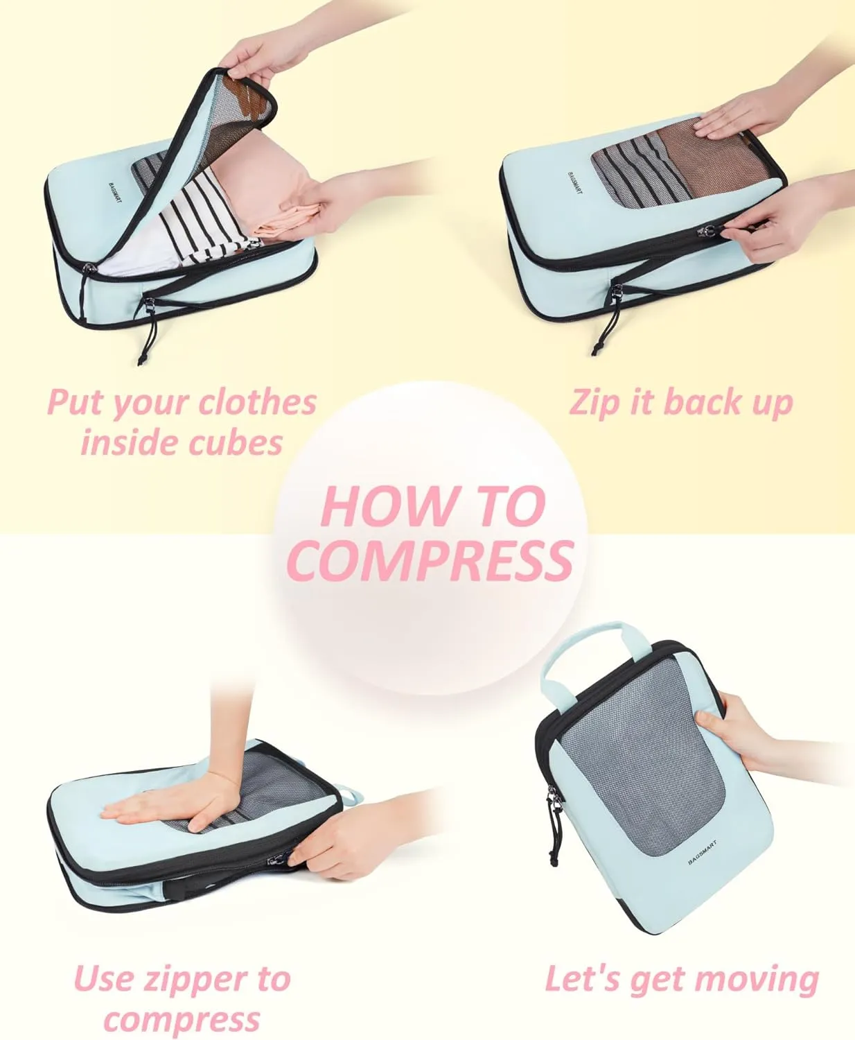 BAGSMART Compression Packing Cubes for Travel, 6 Set/4 Set Packing Cubes for Suitcases, Compression Suitcase Organizer Bags Set for Travel Essentials, Lightweight Packing Organizers