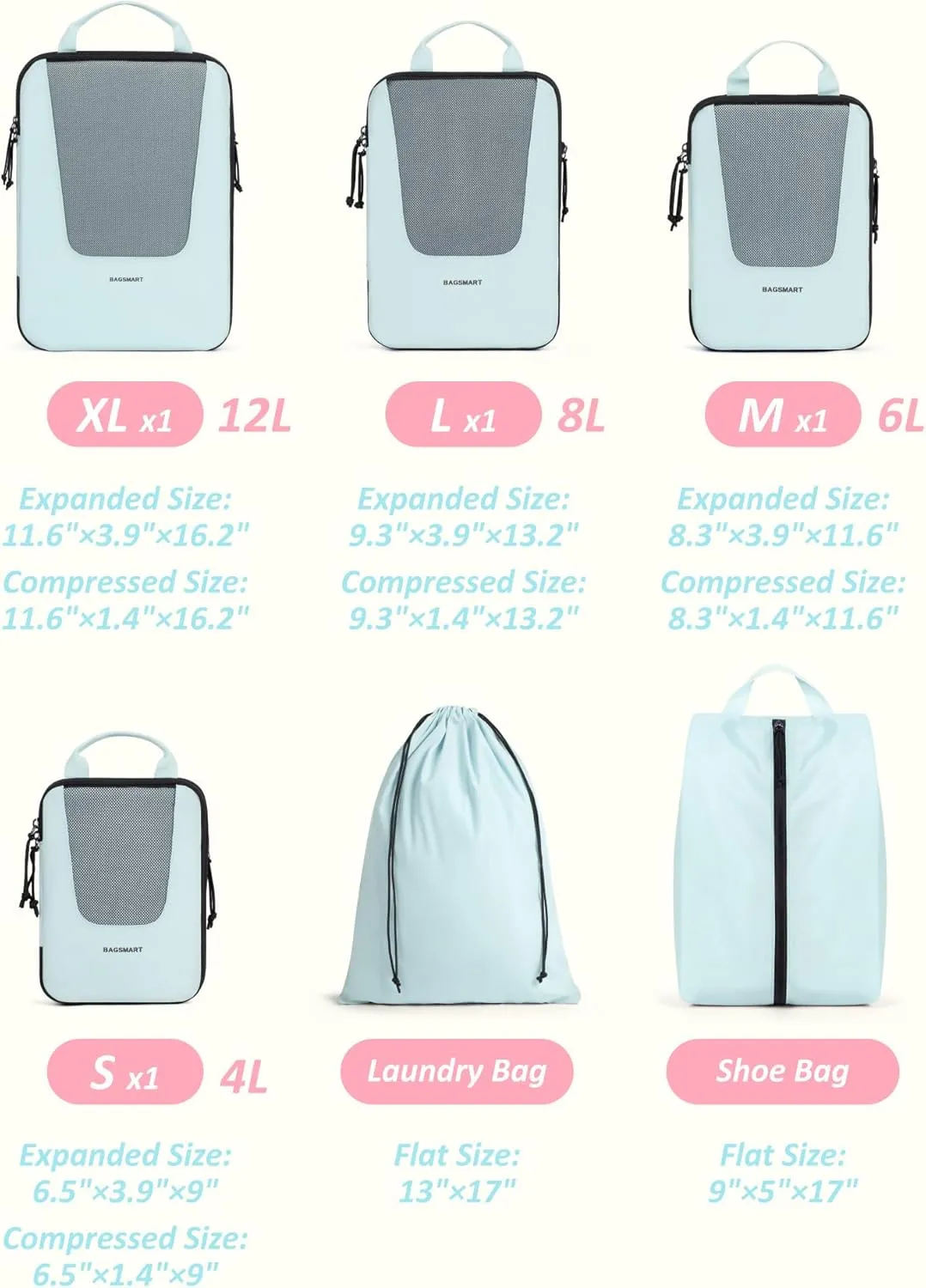 BAGSMART Compression Packing Cubes for Travel, 6 Set/4 Set Packing Cubes for Suitcases, Compression Suitcase Organizer Bags Set for Travel Essentials, Lightweight Packing Organizers