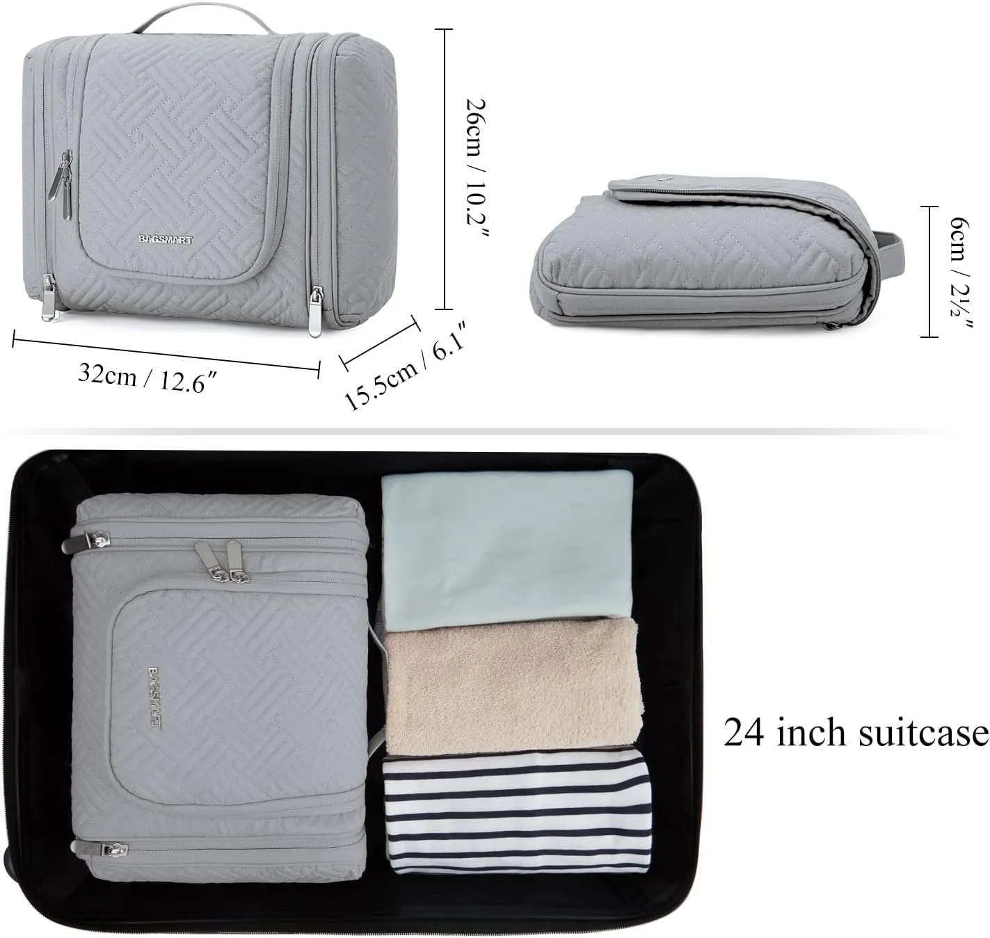 BAGSMART Large Travel Toiletry Bag for Women, Hanging Toiletry Bag with Hook, Travel Cosmetic Makeup Bag Travel Organizer for Accessories, Shampoo, Full Sized Container, Toiletries,Grey-Large