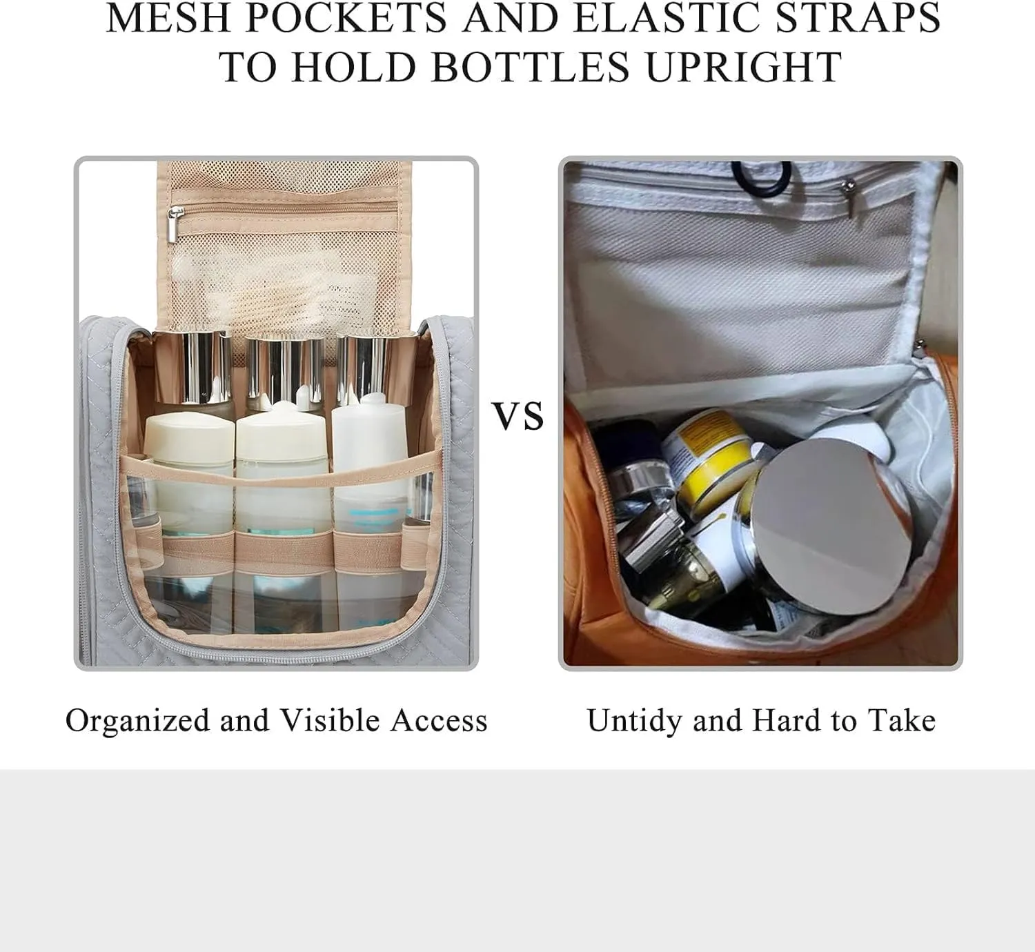BAGSMART Large Travel Toiletry Bag for Women, Hanging Toiletry Bag with Hook, Travel Cosmetic Makeup Bag Travel Organizer for Accessories, Shampoo, Full Sized Container, Toiletries,Grey-Large