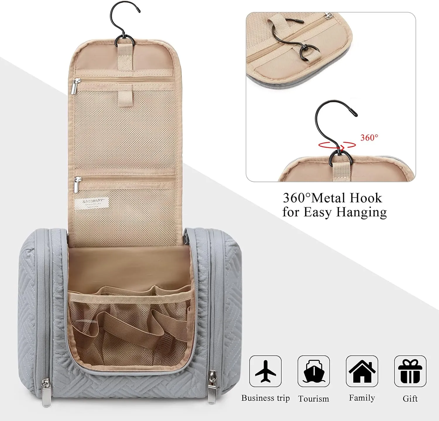 BAGSMART Large Travel Toiletry Bag for Women, Hanging Toiletry Bag with Hook, Travel Cosmetic Makeup Bag Travel Organizer for Accessories, Shampoo, Full Sized Container, Toiletries,Grey-Large